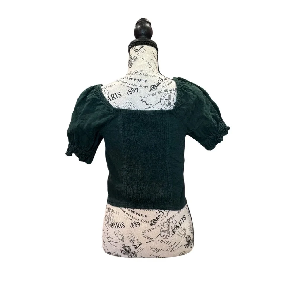 Madewell Dark Green‎ Puff Sleeve Smocked Back Square Neck Top Small Textured